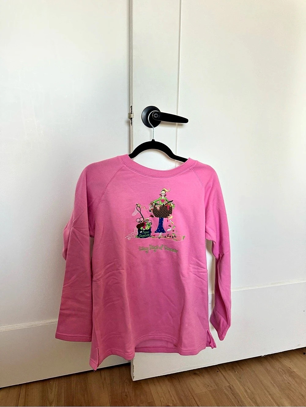 Quacker Factory Lazy Days of Summer Picnic Sweatshirt Pink Small